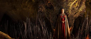 imagem promocional de house of the dragon com dragão e rhaenyra